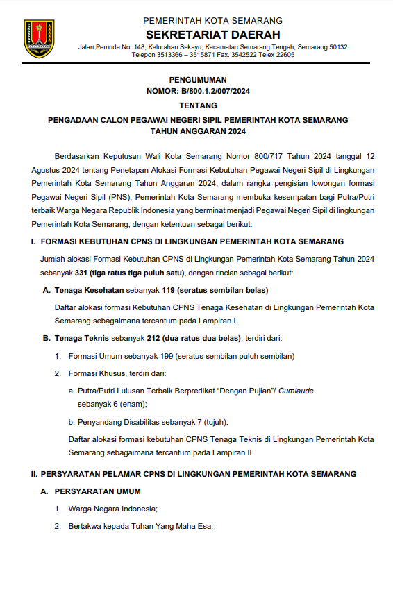 Pengadaan Calon Pegawai Negeri Sipil Kota Semarang Tahun 2024